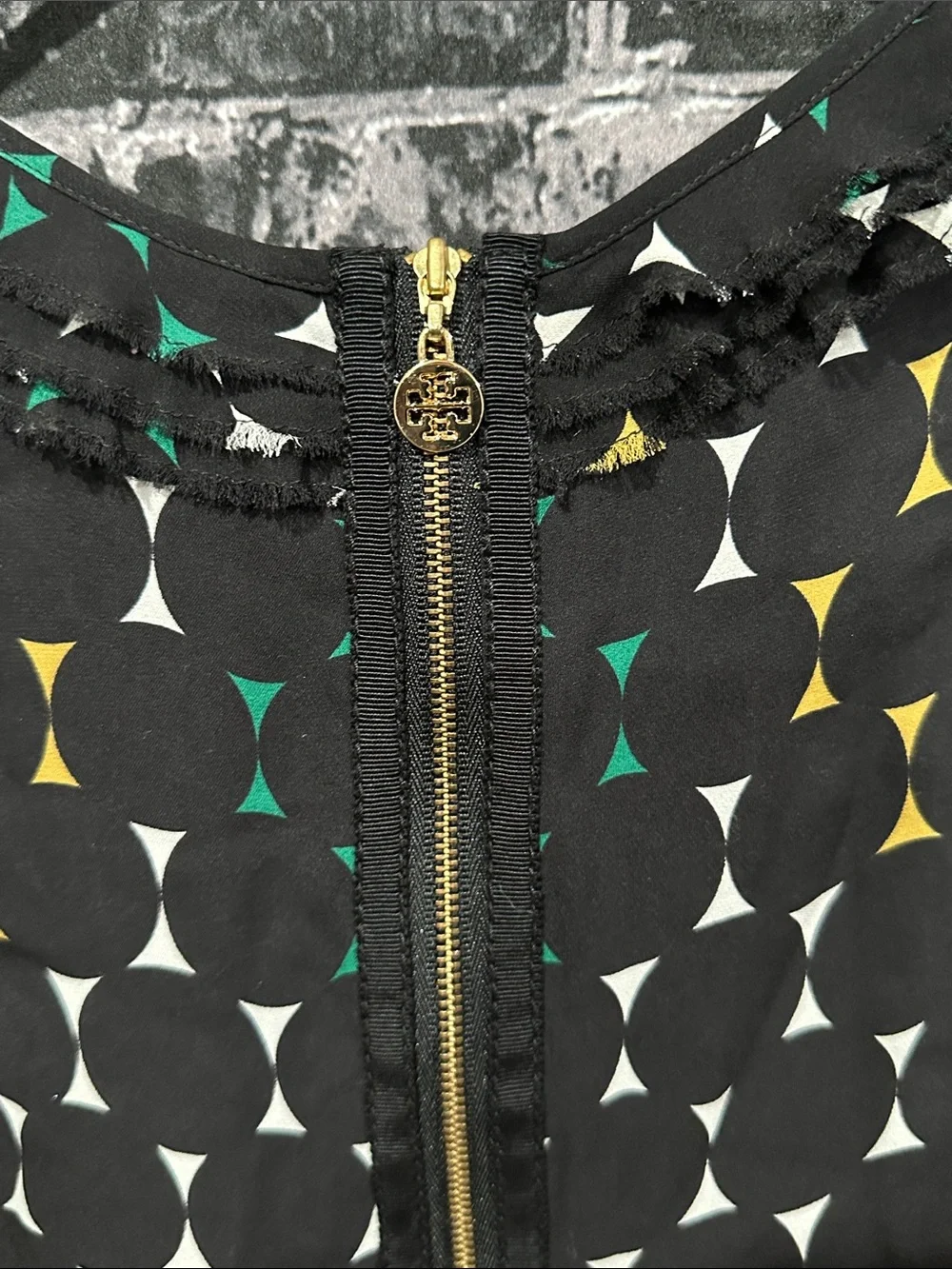 Tory Burch Sleeveless SilkRuffle Front Geometric Print Top Black/Green/Yellow